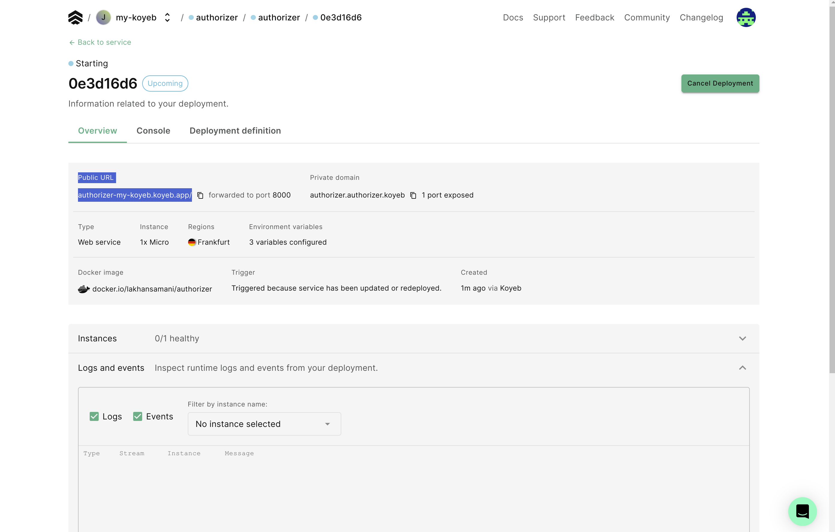 Koyeb authorizer instance URL