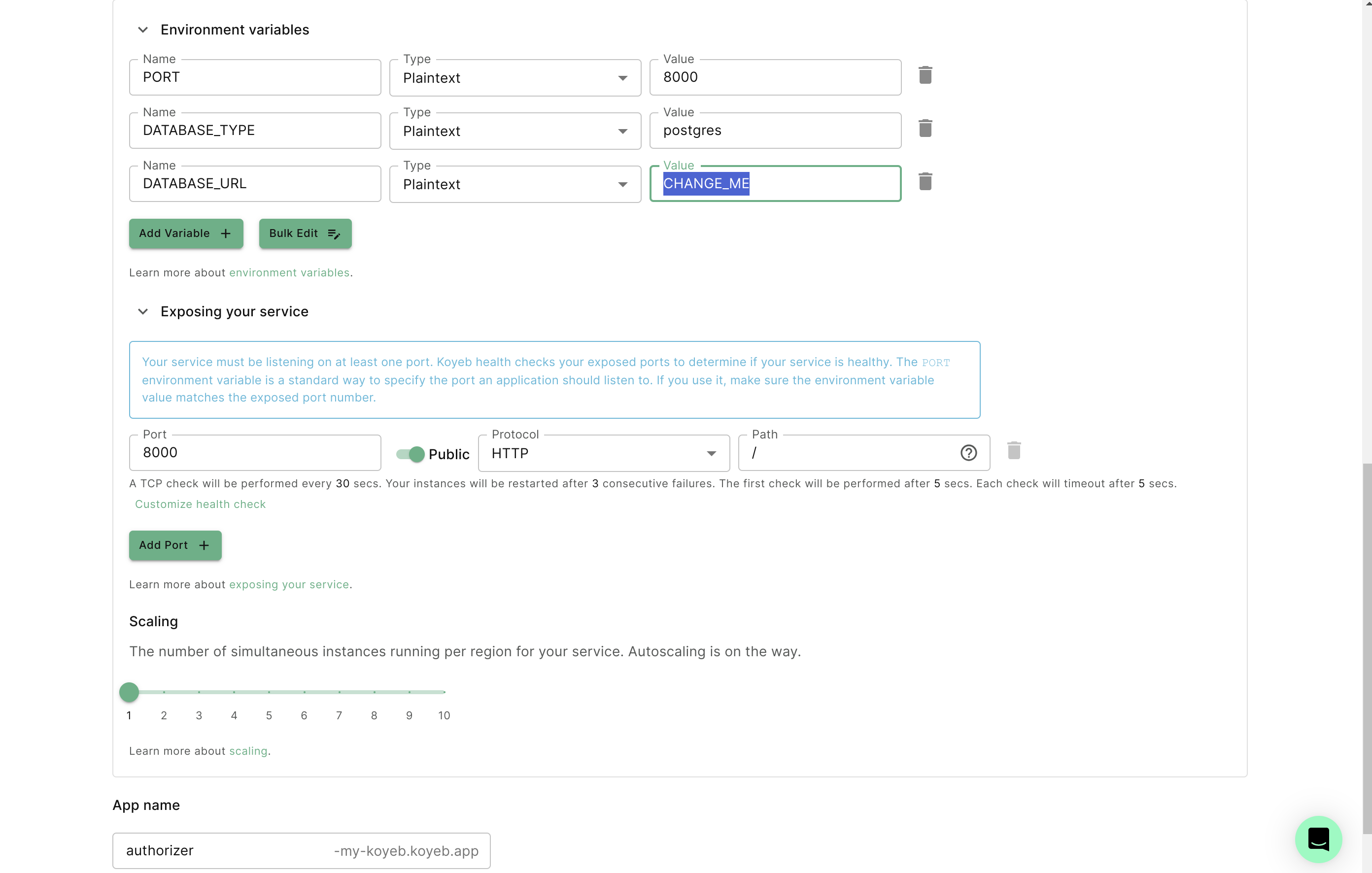 Koyeb set database URL